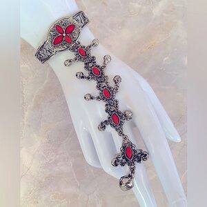 Red and Silver Ornate Slave Cuff Bracelet and Ring with Bell charms